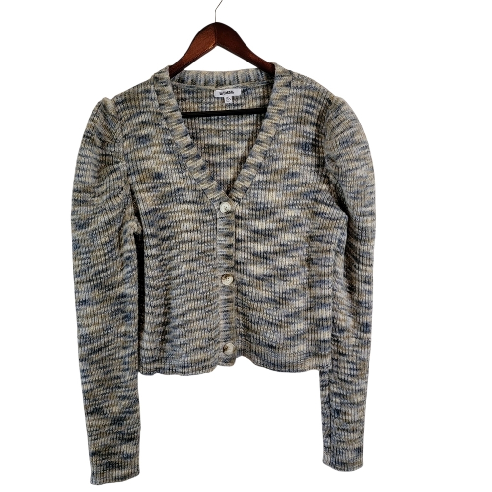 BB DAKOTA Y2K Blue Gray Button Front Crop Cardigan Sweater Sz XL Puff Sleeve